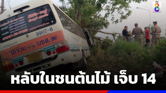 รถโดยสารมินิบัสเสียหลักพุ่งชนต้นไม้ข้างทาง เจ็บ 14  คาดคนขับหลับใน