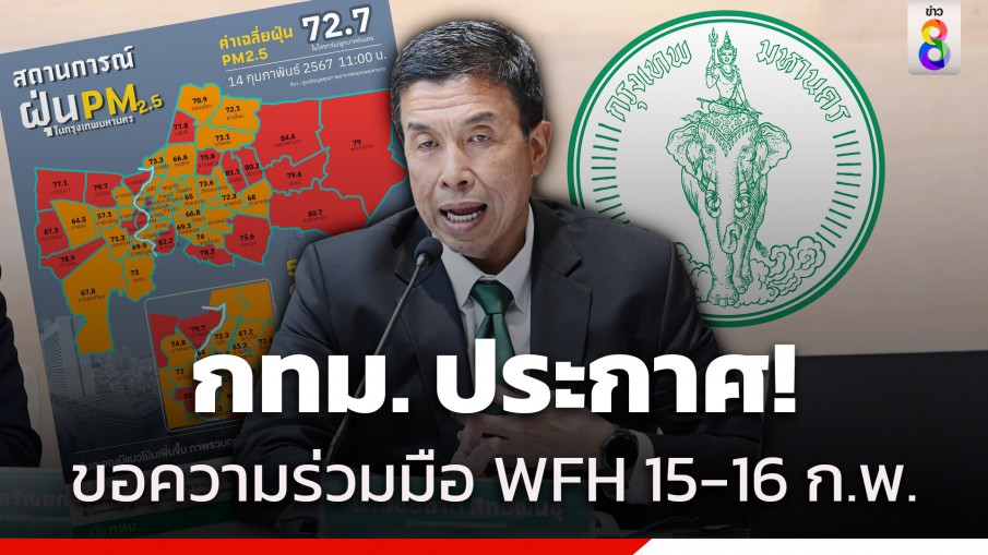 กทม. ประกาศ WFH 15-16 ก.พ. ขอความร่วมมือเครือข่ายภาครัฐ เอกชน ยกระดับป้องกันสุขภาพเข้มข้นจากฝุ่น PM2.5