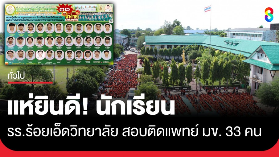 แห่ยินดี! โรงเรียนร้อยเอ็ดวิทยาลัย นักเรียนสอบติดแพทย์ 33 คน