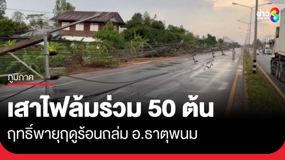 พายุฤดูร้อนถล่ม อ.ธาตุพนม เสาไฟฟ้าล้มระนาวร่วม 50 ต้น