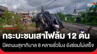 ระทึก! รถกระบะเสียหลักชนเสาไฟฟ้าแรงสูง ล้ม 12 ต้น...