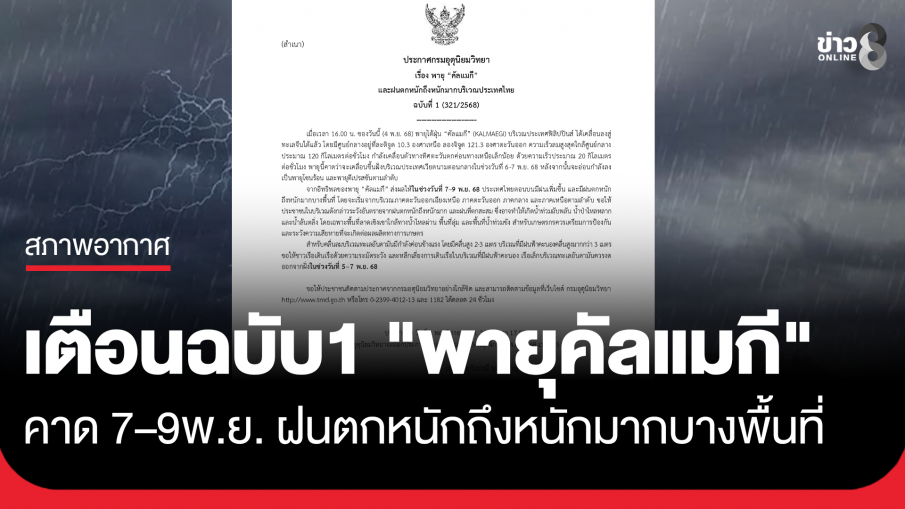 กรมอุตุนิยมวิทยา เตือน "พายุคัลแมกี" ฉบับ 1 คาด 7–9 พ.ย. 68 ฝนตกหนักถึงหนักมากบางพื้นที่