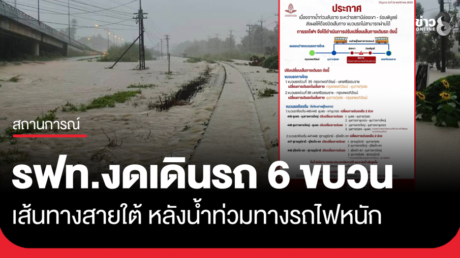 รฟท.ประกาศ งดเดินรถ 6 ขบวน เส้นทางสายใต้ หลังน้ำท่วมทางรถไฟหนัก