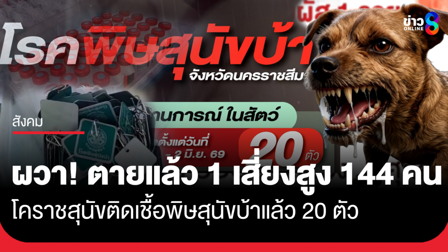 ผวา! โคราชปีนี้สุนัขติดเชื้อพิษสุนัขบ้าแล้ว20ตัว คนตาย 1 คน สัมผัสเสี่ยงสูง 144 ราย