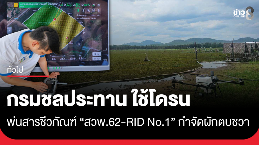 กรมชลประทานใช้โดรนพ่นสารชีวภัณฑ์ "สวพ.62 - RID No.1" กำจัดผักตบชวา