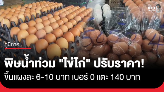 พิษน้ำท่วม! ไข่ไก่ปรับราคาขึ้นแผงละ 6-10 บาท เบอร์ 0 แตะ 140 บาท ซ้ำขาดตลาดหนัก ร้านค้าเผยขาดส่ง 2-3 วัน